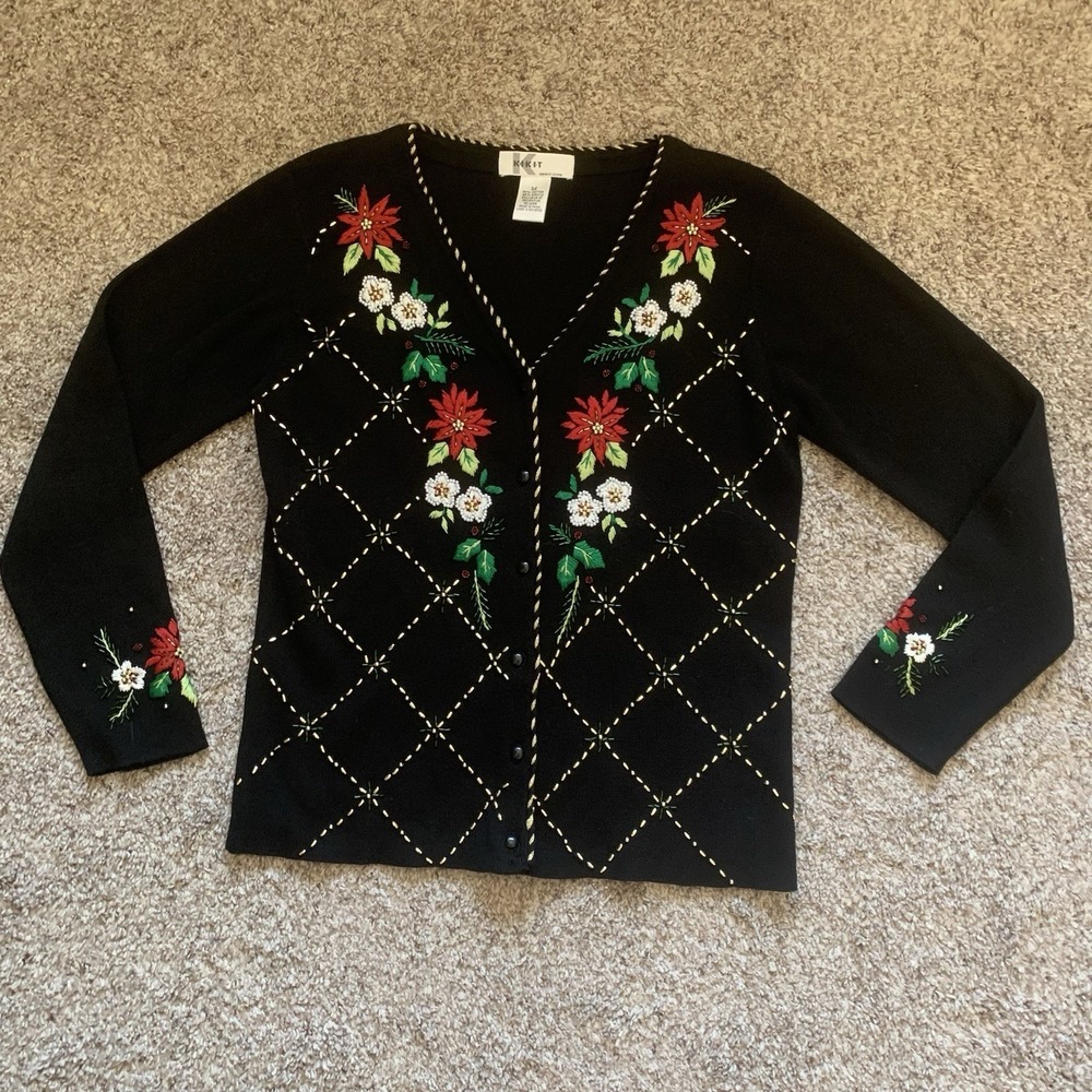 Kikit Christmas Cardigan‎ Sweater Women's Medium Holiday Embroidered